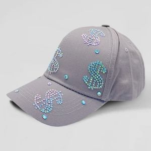 Gray Dollar Rhinestone Crystal Brimmed Baseball Cap Hat Fashion Bling Money